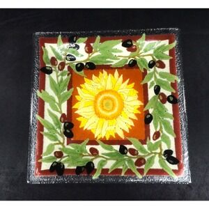 Peggy Karr 2008 TUSCANY Plate Fused Glass 10" Square w/ Sunflower and Olive Vine
